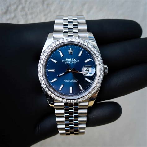 midsize rolex datejust stainless diamond blue dial|rolex datejust 41mm diamond bezel.